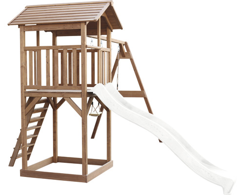 Drevená hracia veža so šmýkačkou a hojdačkou