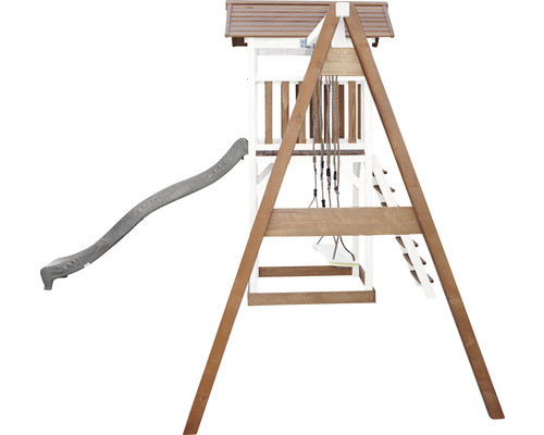 Drevená hracia veža so šmýkačkou a hojdačkou do záhrady