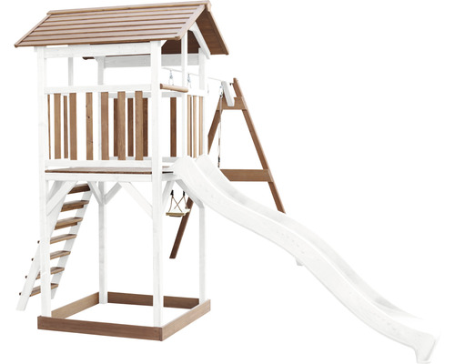 Drevená hracia veža so šmýkačkou a hojdačkou