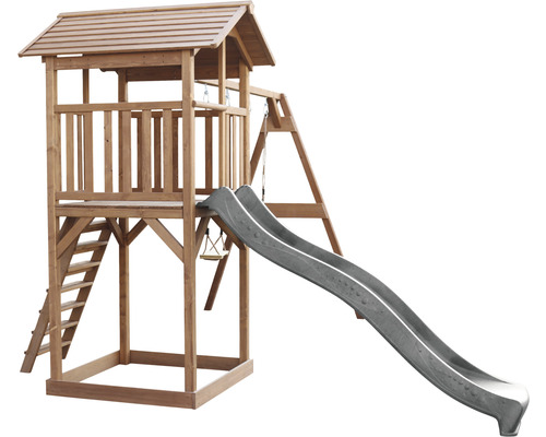 Drevená hracia veža so šmýkačkou, rebríkom a hojdačkou