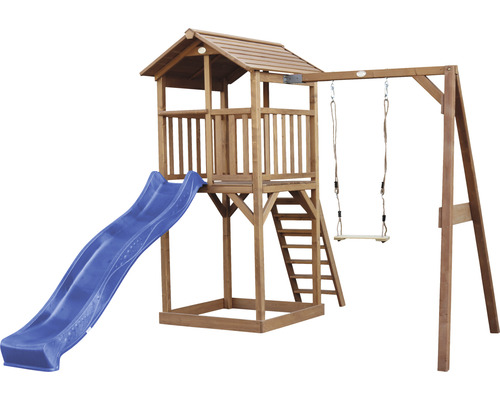 Drevená hracia veža so šmýkačkou a hojdačkou