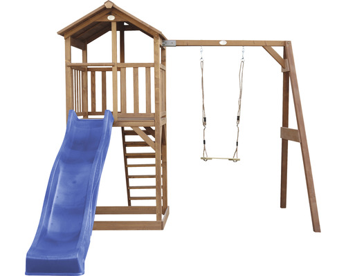 Drevená hracia veža so šmýkačkou a hojdačkou