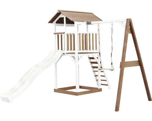 Drevená hracia veža so šmýkačkou a hojdačkou