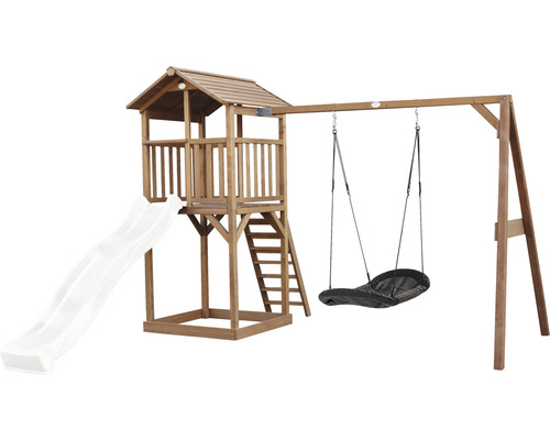 Drevená hracia veža so šmýkačkou, rebríkom a hojdačkou