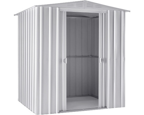 Kovový záhradný domček s otvorenými dverami