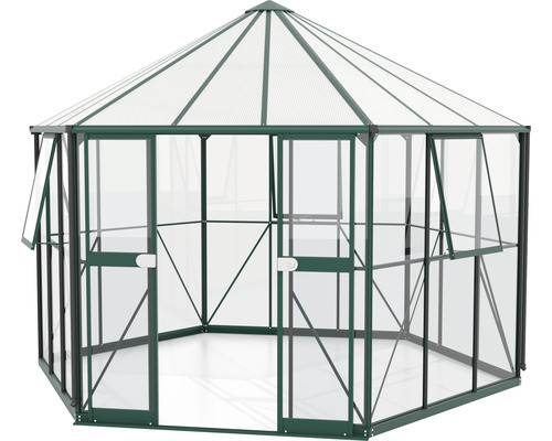 Šesťuholníkový skleník s priehľadnými stenami a strechou