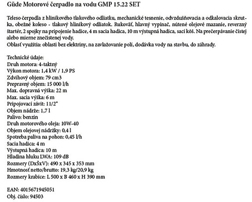 Informácie o produkte k motorovému vodnému čerpadlu Güde GMP 15.22 SET
