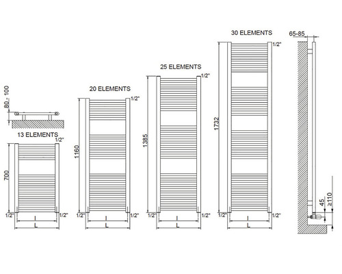Technický nákres vykurovacích telies s rôznym počtom prvkov a rozmermi