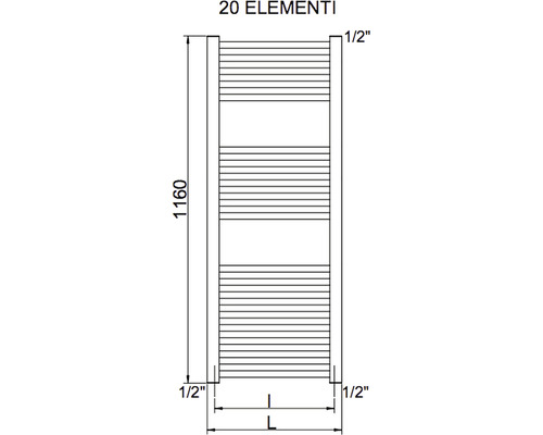 Nákres rebríkového radiátora na uteráky s 20 prvkami a rozmermi.