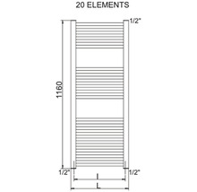 Technický nákres ohrievača uterákov s 20 prvkami a rozmermi
