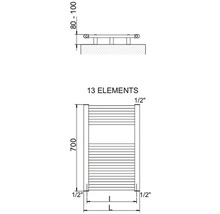 Technický nákres radiátora na uteráky s 13 prvkami a rozmermi