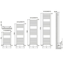 Technický nákres rôznych kúpeľňových radiátorov s rozmermi