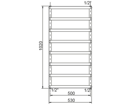 Technický nákres regálu s rozmermi.
