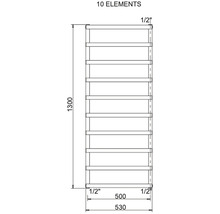 Technický nákres radiátora s desiatimi prvkami a rozmermi