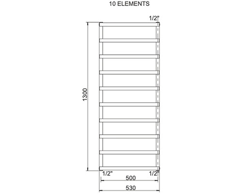Technický nákres radiátora s desiatimi prvkami a rozmermi