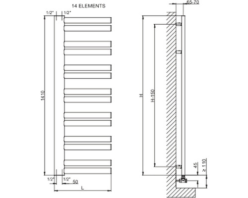 Technický nákres kúpeľňového radiátora s rozmermi