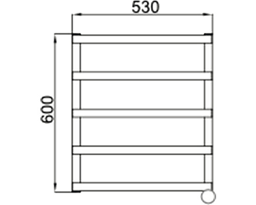 Technický nákres regálu s rozmermi 600 krát 530 milimetrov.