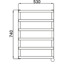 Technický výkres regálu s piatimi policami a rozmermi.