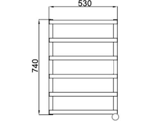 Technický výkres regálu s piatimi policami a rozmermi.