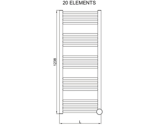 Nákres ohrievača uterákov s 20 prvkami a rozmermi.