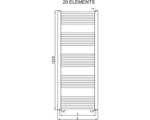 Technický nákres vykurovacieho telesa s 20 prvkami a rozmermi