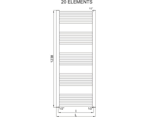 Nákres kúpeľňového radiátora s 20 prvkami a rozmermi