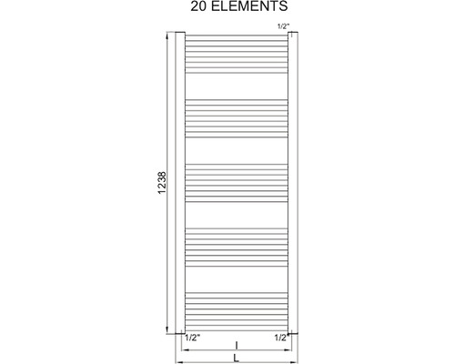 Technický nákres radiátora na uteráky s 20 prvkami a rozmermi