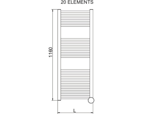 Technický nákres ohrievača uterákov s 20 prvkami a rozmermi.