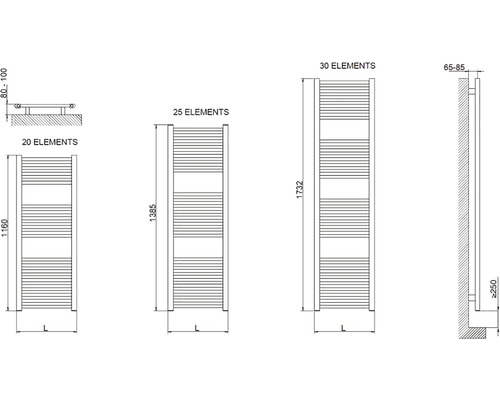 Technický nákres rôznych radiátorov s 20, 25 a 30 prvkami s rozmermi