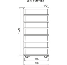 Technický nákres ohrievača uterákov s ôsmimi prvkami a rozmermi.