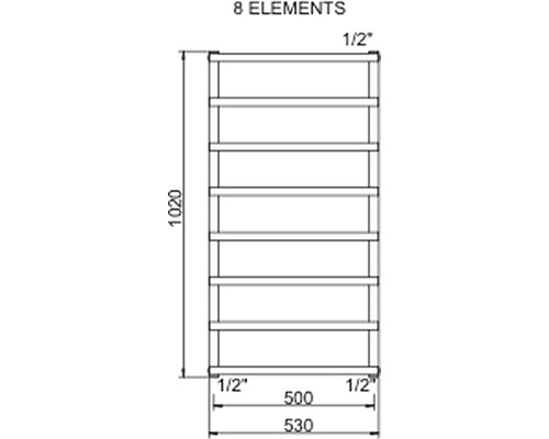 Technický nákres ohrievača uterákov s ôsmimi prvkami a rozmermi.