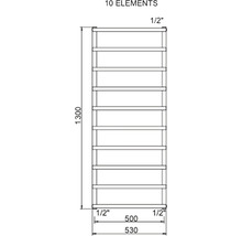 Technický nákres ohrievača uterákov s desiatimi prvkami a rozmermi.