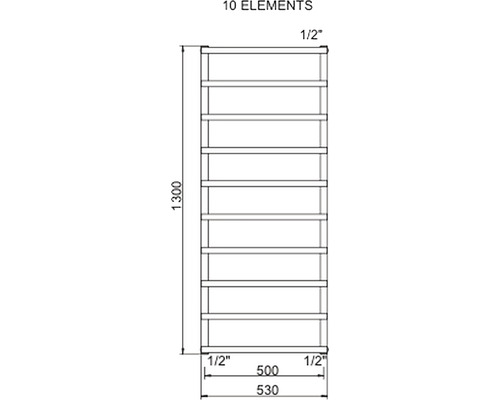 Technický nákres ohrievača uterákov s desiatimi prvkami a rozmermi.