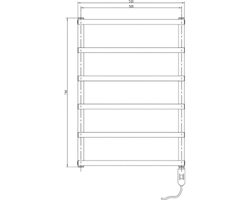 Technický nákres elektrického ohrievača uterákov s rozmermi