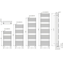 Technický nákres radiátora s 16, 23, 30 a 34 prvkami s rozmermi