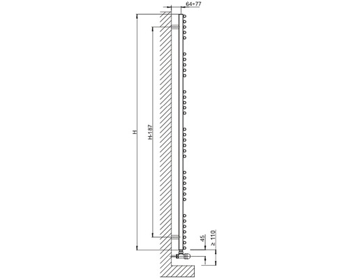 Technický nákres radiátora s rozmermi pre montáž na stenu.