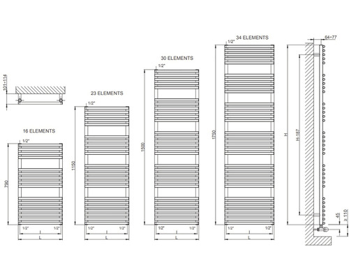 Technický nákres kúpeľňových radiátorov s rôznymi rozmermi