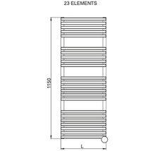 Technický nákres ohrievača uterákov s 23 prvkami a rozmermi.