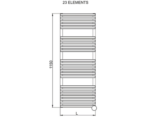Technický nákres ohrievača uterákov s 23 prvkami a rozmermi.