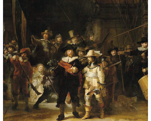 Obraz Nočná hliadka od Rembrandta van Rijna so skupinou ozbrojených mužov