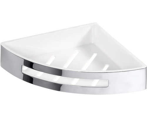 Rohová mydelnička z plastu s chrómovaným okrajom do kúpeľne
