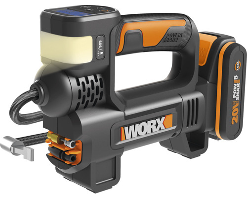 Akumulátorový kompresor so světlometom Worx 20V WX092, vrátane batérie a nabíječky Akumulátorová vzduchová pumpa Worx s digitálnym displejom a LED svetlom