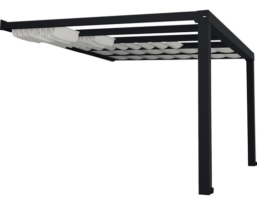 Čierna pergola s posuvnou látkovou plachtou do záhrady