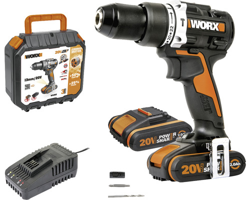Aku vŕtací skrutkovač Worx WX352 20 V max. 60Nm, vrátane 2x aku 2,0Ah a nabíjačky Akumulátorový skrutkovač so sadou príslušenstva
