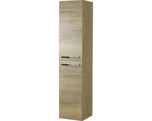 Vysoká kúpeľňová skrinka s dreveným vzhľadom a dvomi dvierkami