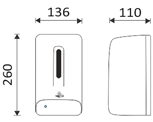Rozmery dávkovača mydla: výška 260 mm, šírka 136 mm, hĺbka 110 mm