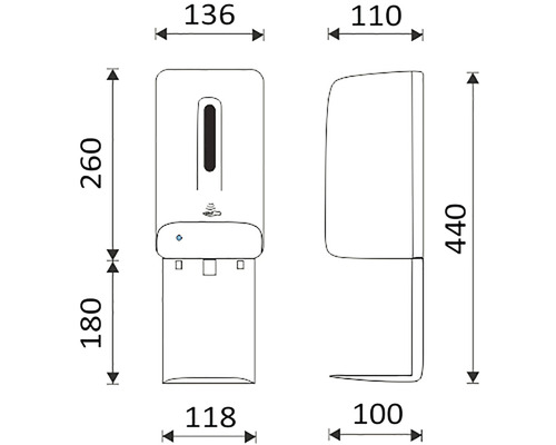 Nákres rozmerov dávkovača dezinfekcie s rozmermi 136 x 260 x 118 mm (pohľad spredu) a 110 x 440 x 100 mm (pohľad zboku).