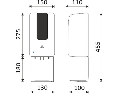 Rozmery automatického dávkovača dezinfekcie.
