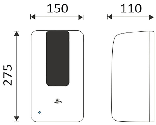 Technický výkres dávkovača mydla s rozmermi 275 x 150 x 110 milimetrov.