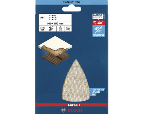 Brúsne listy Bosch Expert M480 Net, 10 kusov, zrnitosť P80, P120 a P180, rozmer 100x150 milimetrov